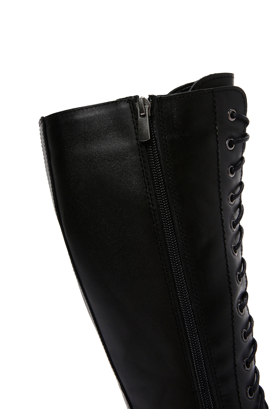Women's Black Zippered Laced Flat Leather Boots
