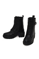 Woman Black Zip Closure Thick-heeled Leather Combat Boots | Derimod
