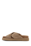 Women's Brown Strappy Thick Soled Suede Leather Slippers | Derimod
