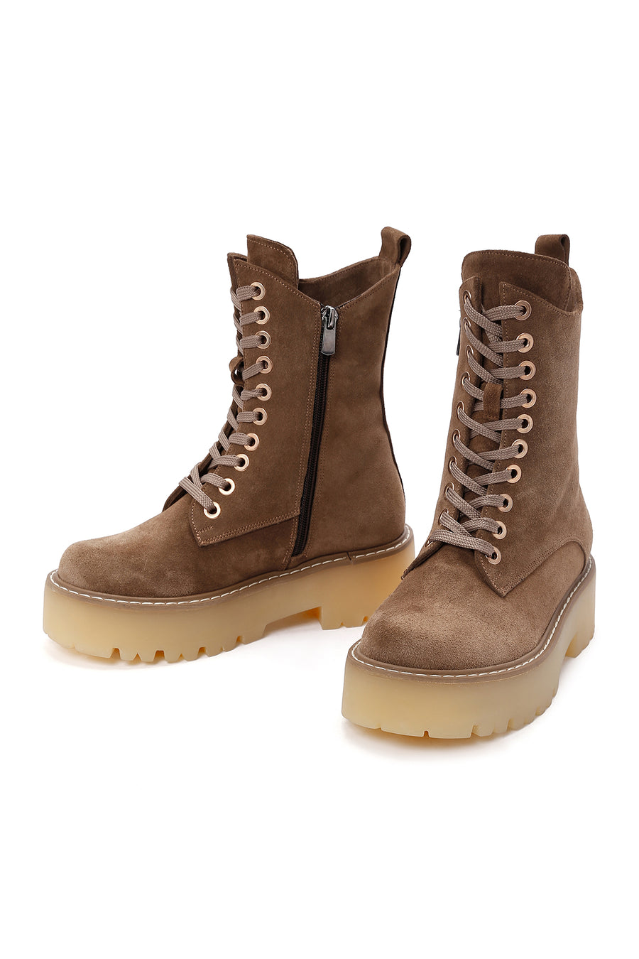 Women's Tan Thick Soled Zippered Suede Leather Boots