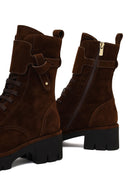 Women's Brown Zippered Thick-Soled Suede Leather Combat Boot | Derimod