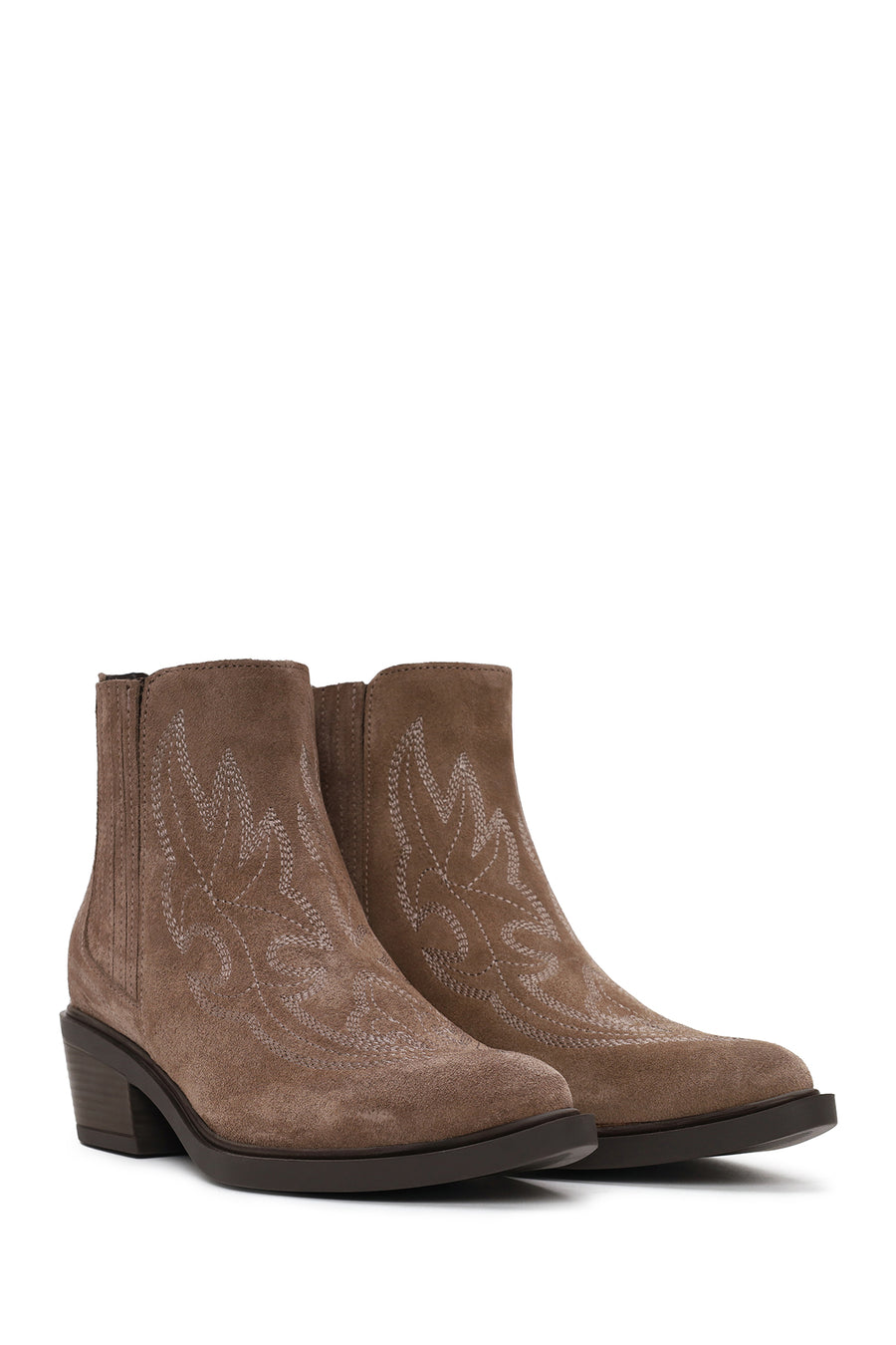Woman Mink Short Chunky-Heeled Embroidered Suede Cowboy Boots