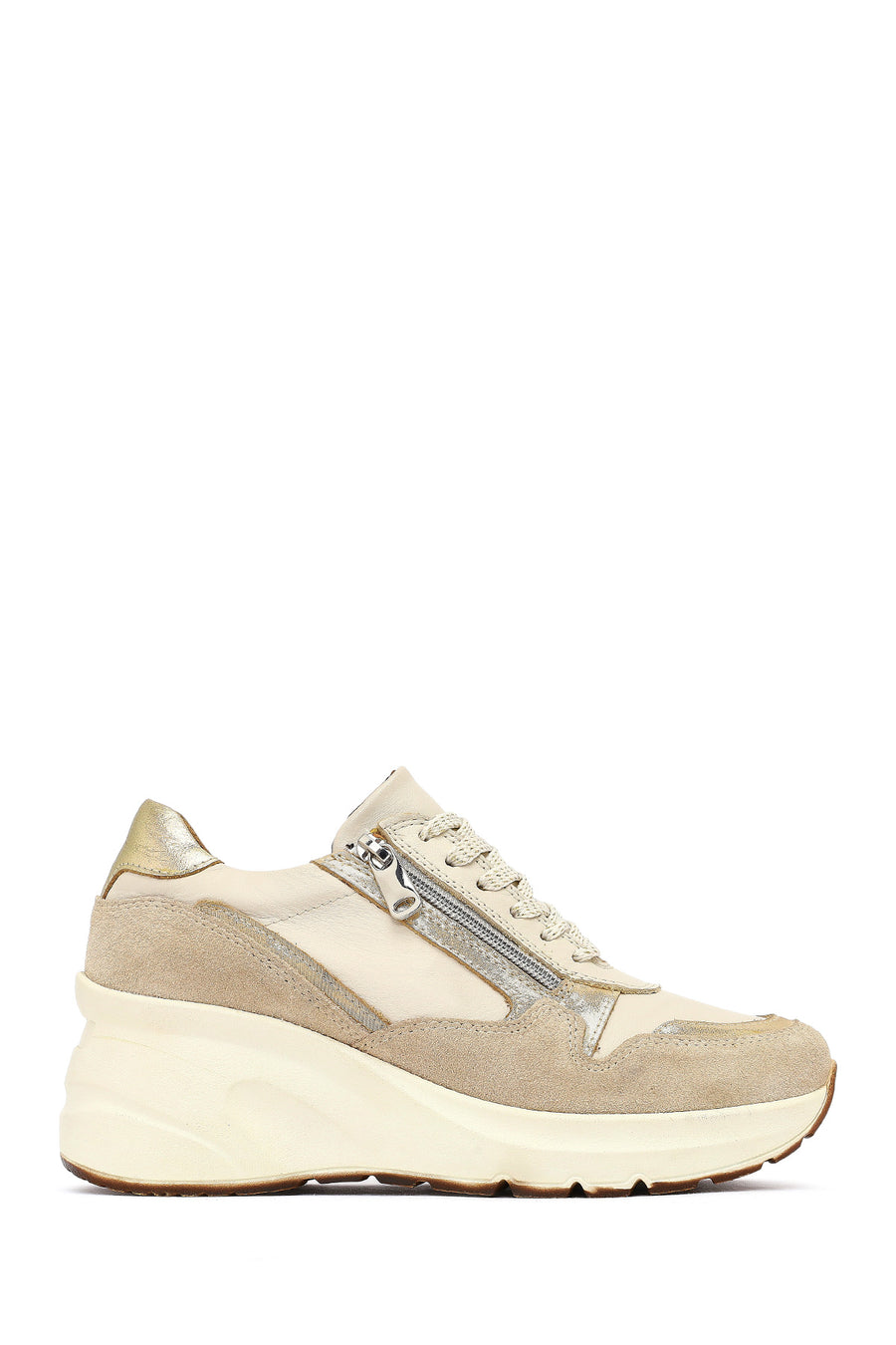Woman Beige Lace-Up Zipper Detailed Wedge Heels Leather Sneakers 25AFD370514 | Derimod