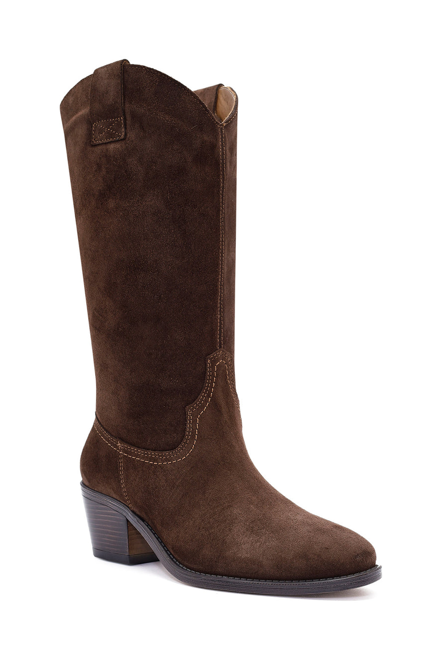 Women's Brown Chunky Heel Suede Leather Cowboy Boots