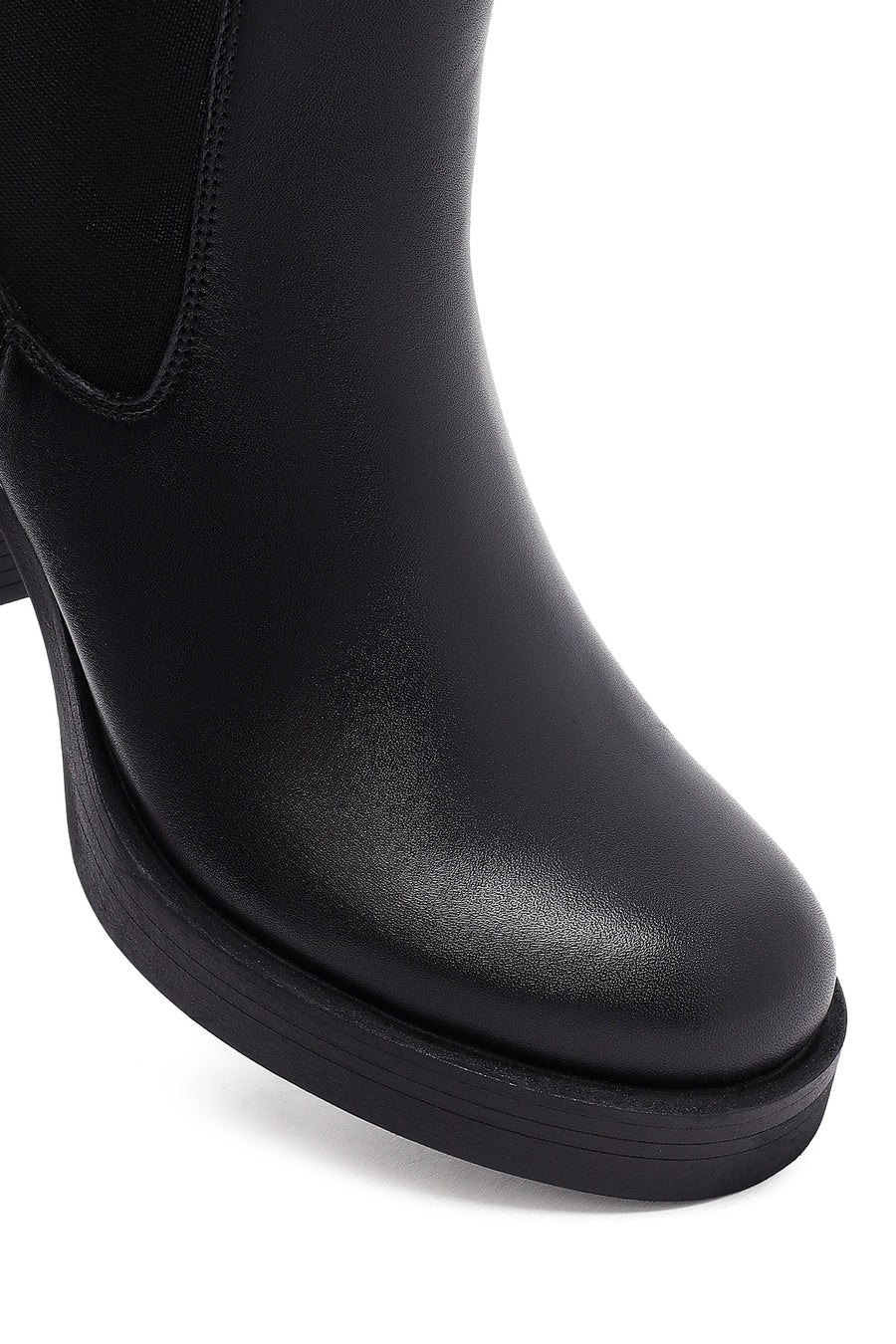 Woman Black Chunky Heels Leather Chelsea Boots