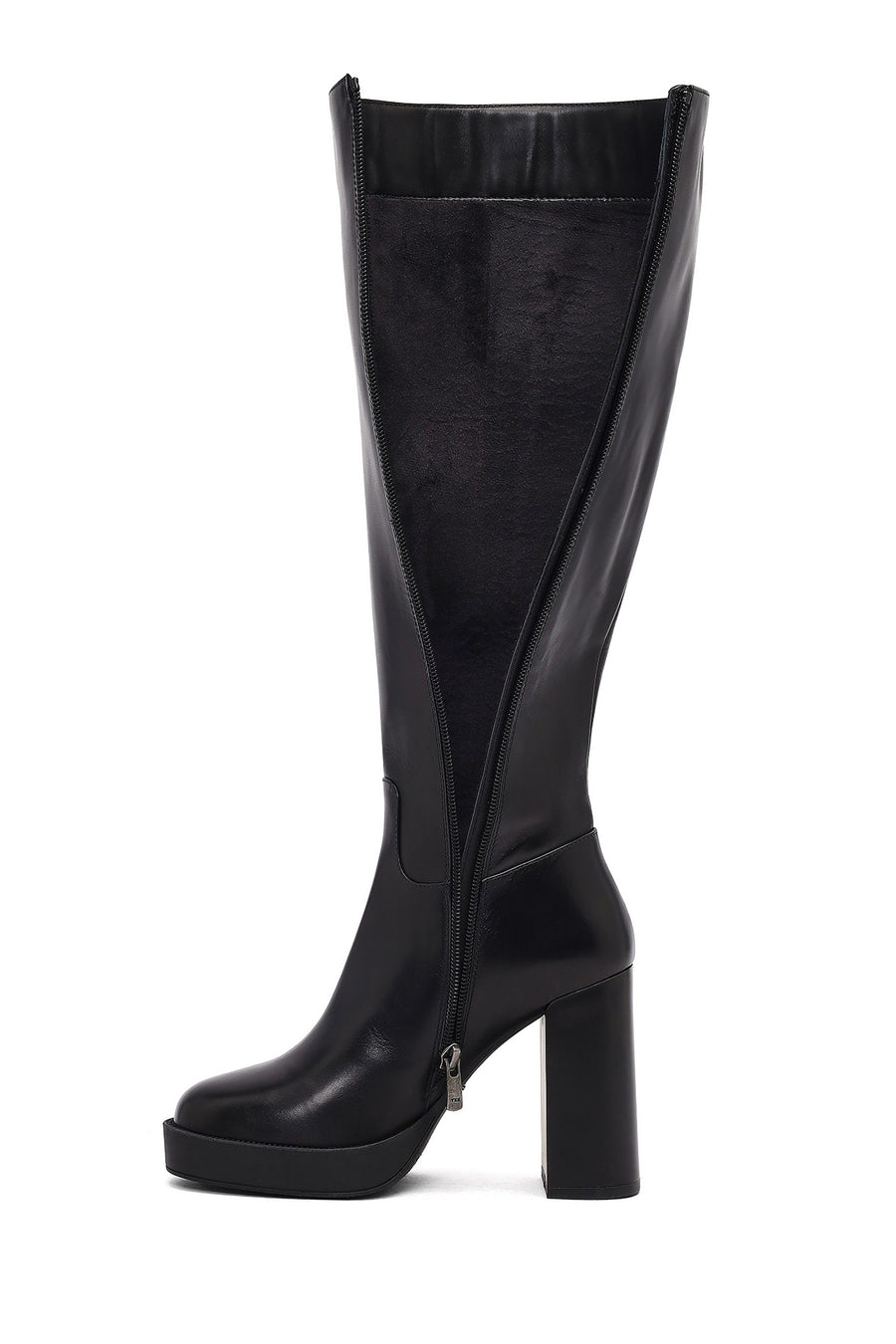 Woman Black Zippered High Heels Leather Boot