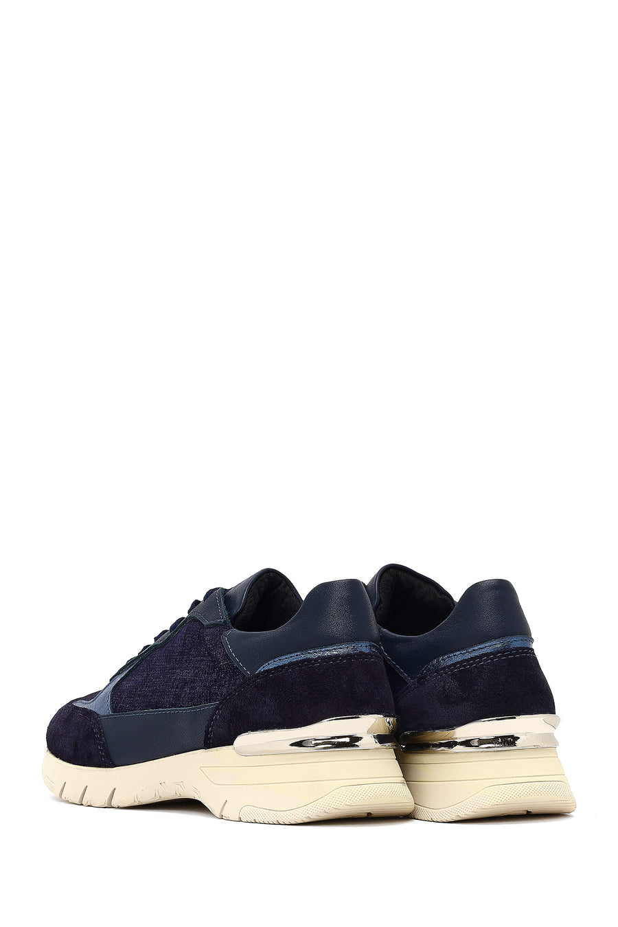 Women's Navy Blue Lace-Up Thick-Soled Leather Sneaker