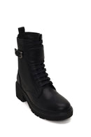 Woman Black Zip Closure Thick-heeled Leather Combat Boots | Derimod