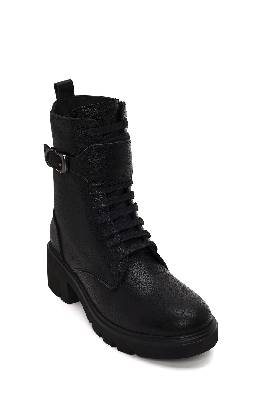 Woman Black Zip Closure Thick-heeled Leather Combat Boots