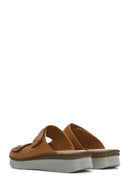 Women's Tan Double-Strap Leather Comfort Slippers | Derimod