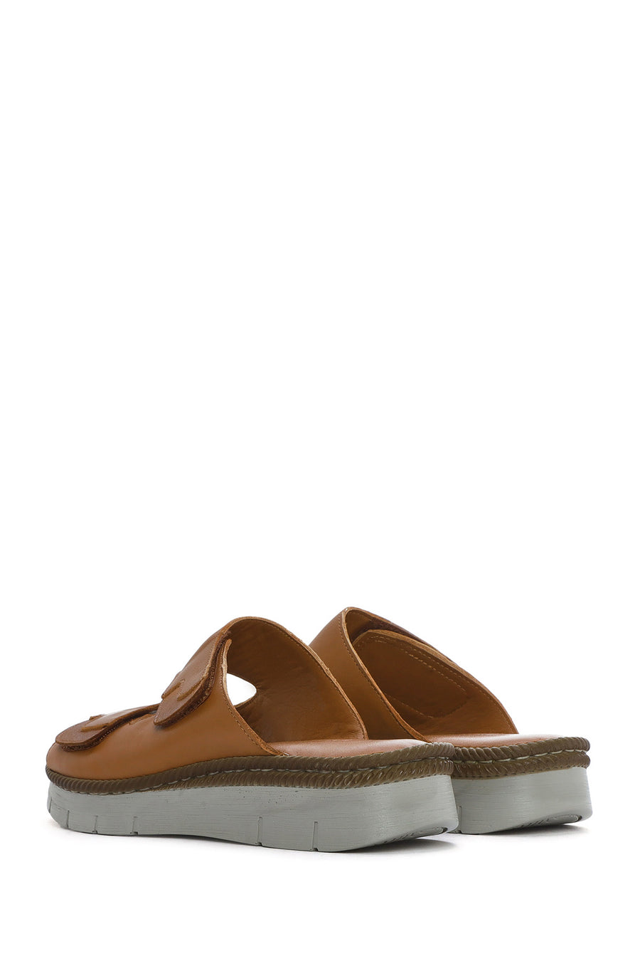 Women's Tan Double-Strap Leather Comfort Slippers