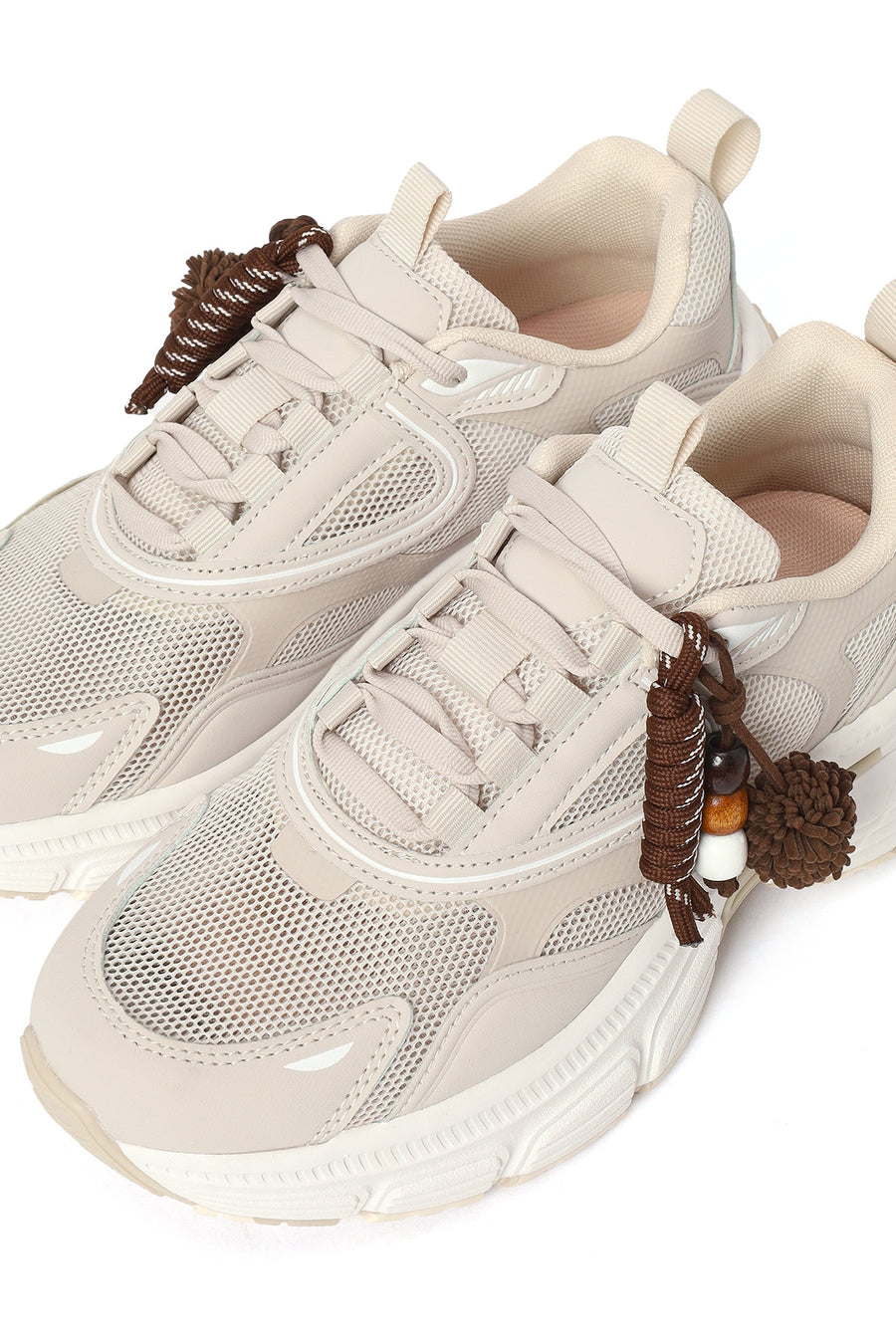 Women's Beige Lace-up Chunky Sole Charm Sneakers