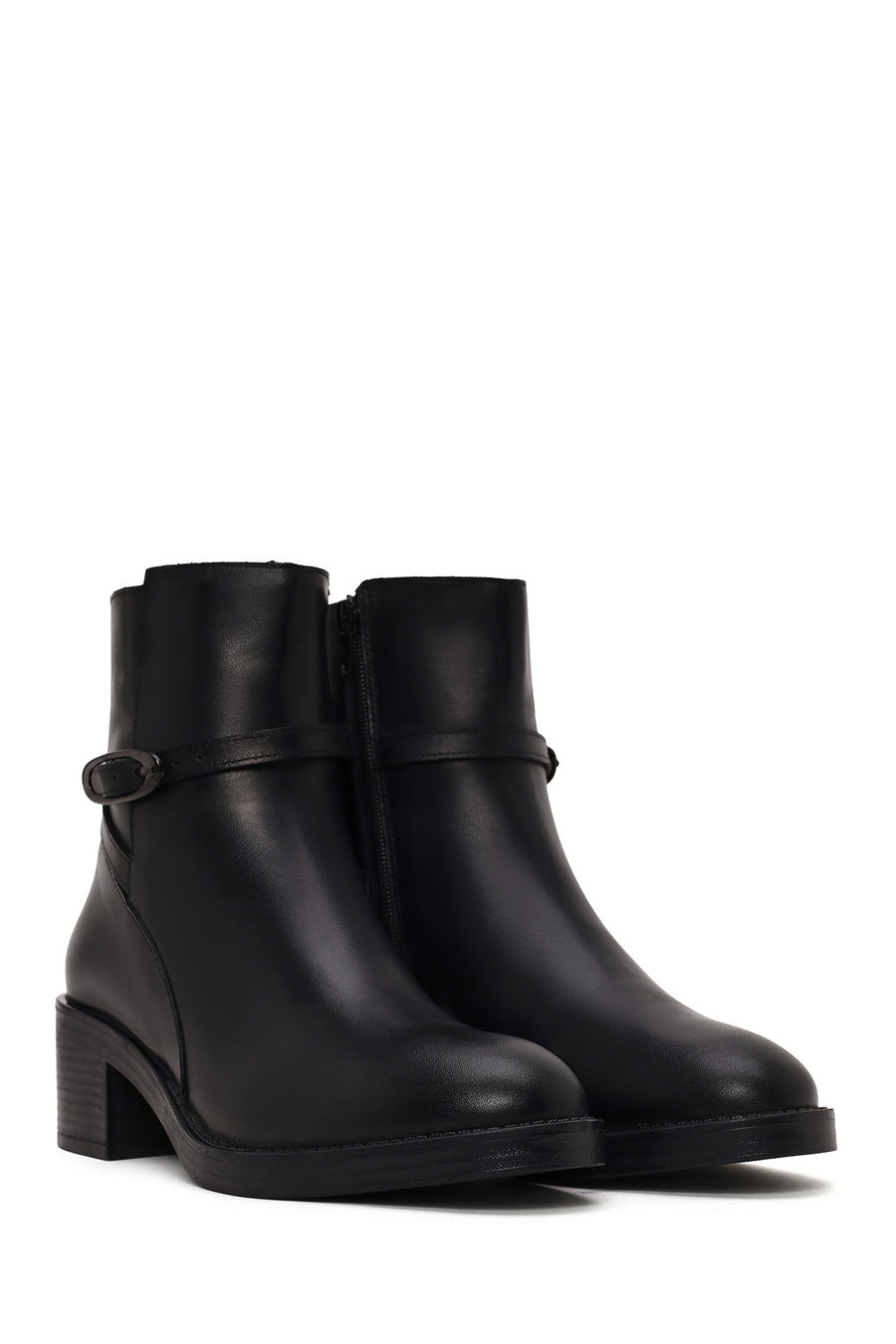 Woman Black Zip Closure Thick-Heeled Leather Boots