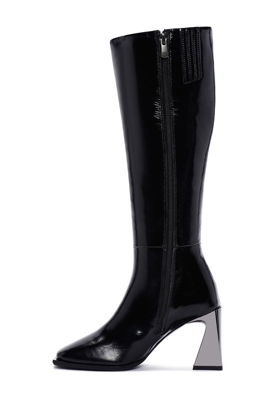 Women's Black Thick Heeled Zippered Patent Leather Boots