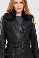 Brenda Women's Black Furry Leather Trench Coat | Derimod