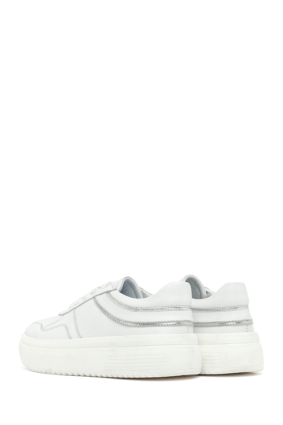 Woman White Laced Thick Sole Leather Sneakers