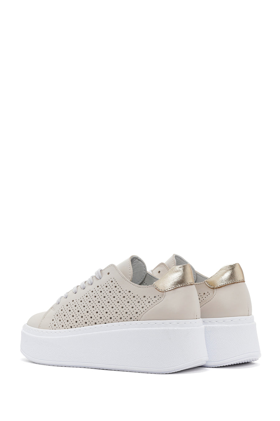 Kadın Bej Kalın Tabanlı Bağcıklı Deri Sneaker
