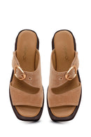 Woman Beige Buckled Wedge Heel Suede Slipper | Derimod
