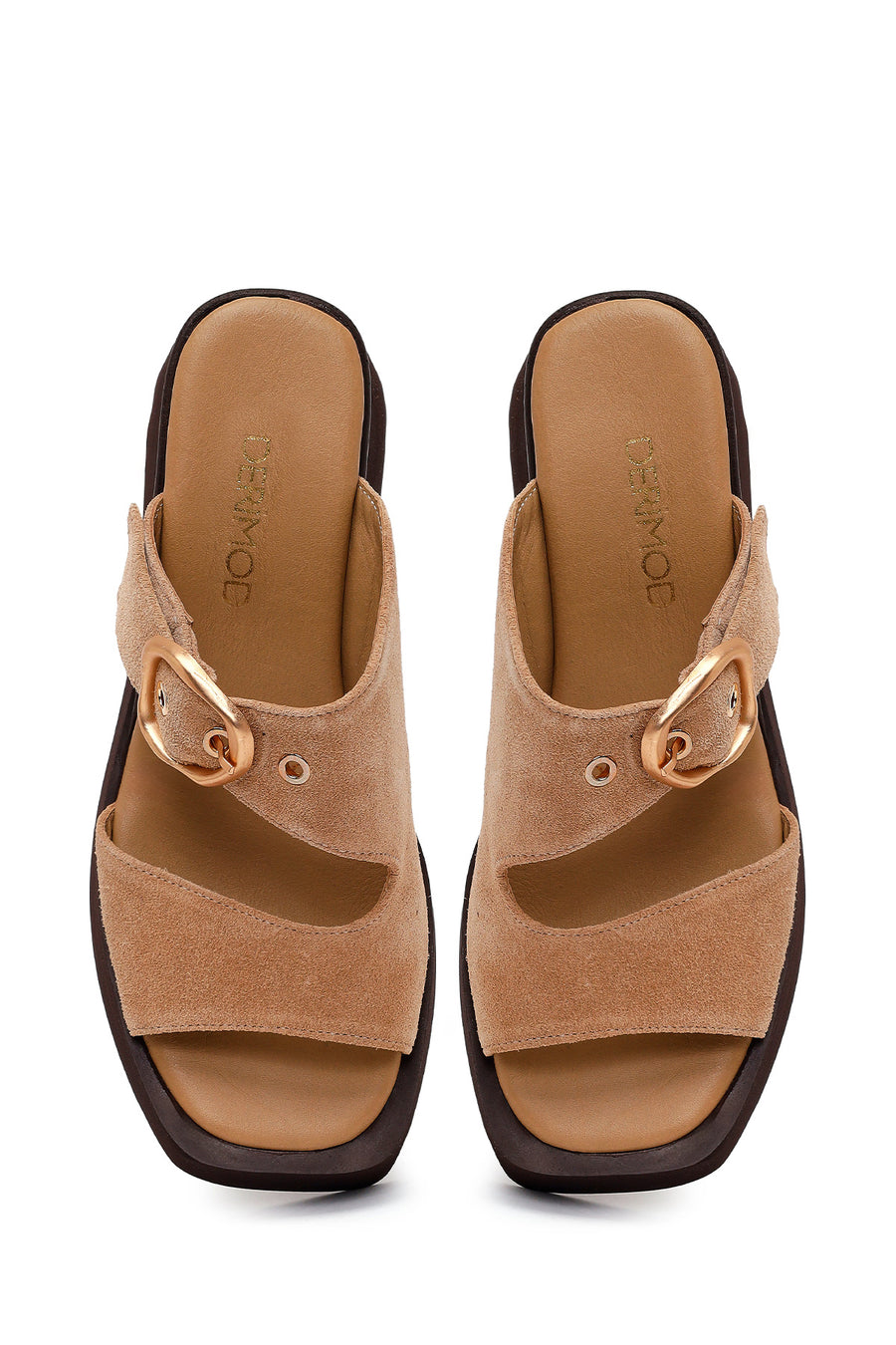 Woman Beige Buckled Wedge Heel Suede Slipper