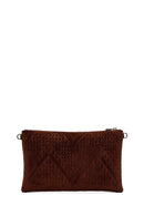 Woman Brown Printed Suede Clutch Bag with Long Chain Strap | Derimod