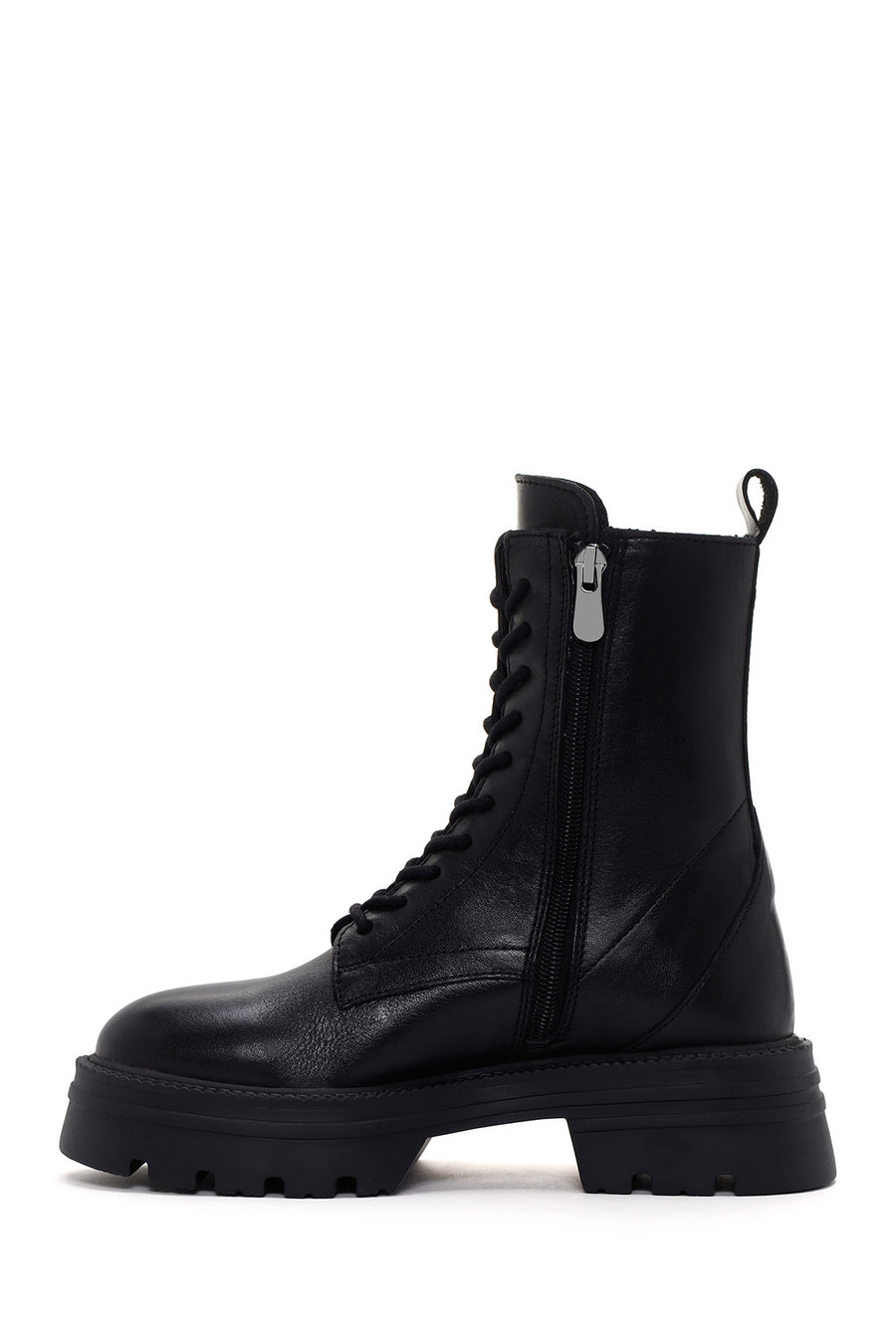 Woman Black Zippered Thick Sole Leather Postal Boots
