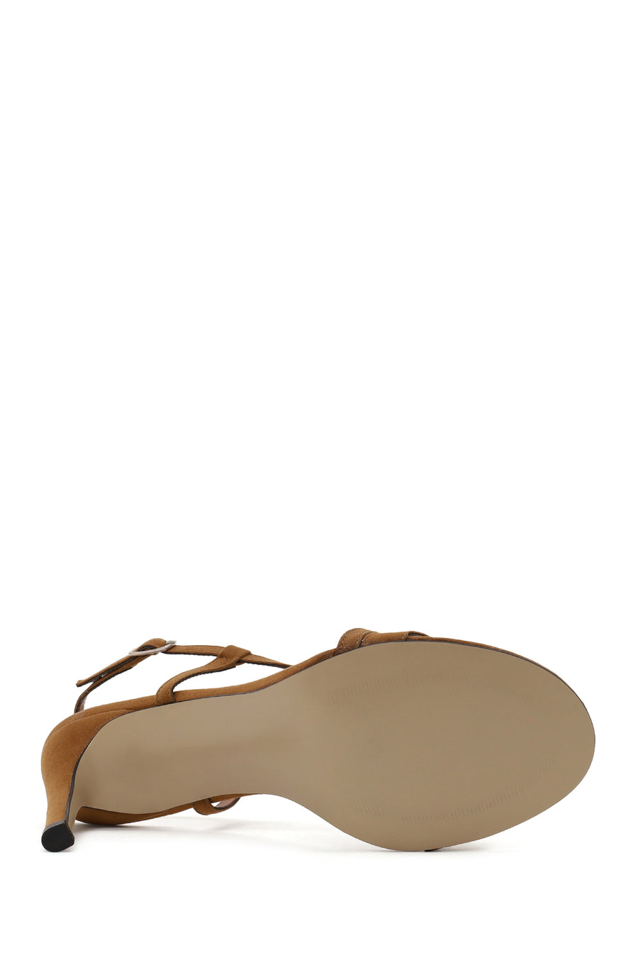 Woman Tan Ankle-Buckle High Thin-Heel Suede Sandal