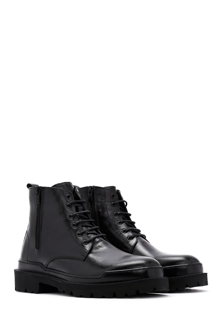 Men's Black Lace-Up Leather Zippered Casual Boots
