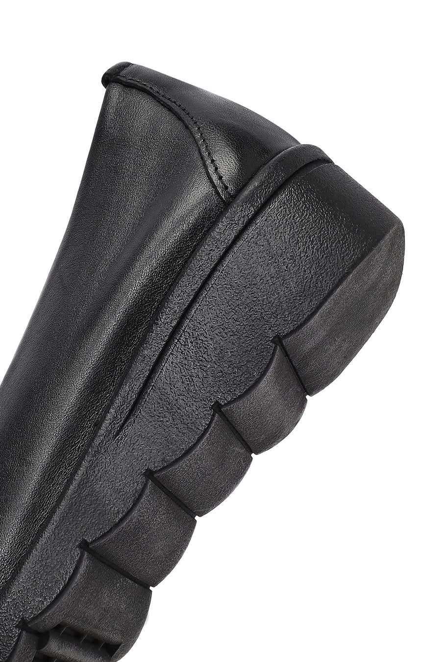 Woman Black Buckled Wedge Heel Leather Loafer