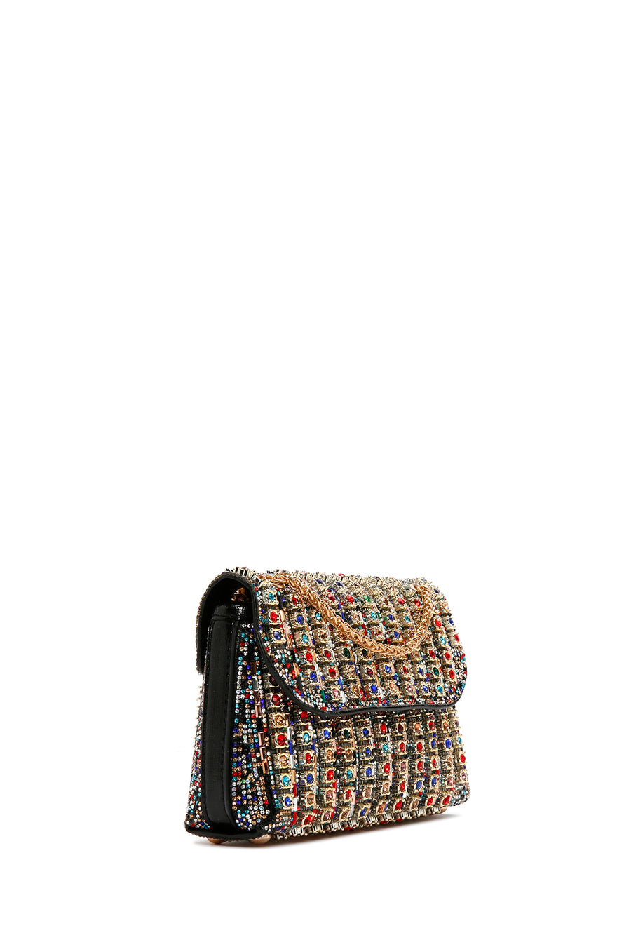Women's Multicolored Long Chain Strap Stone-Embellished Evening Shoulder Bag