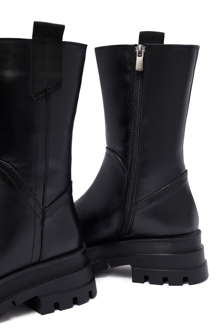 Woman Black Zippered Thick Sole Leather Boat