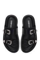 Woman Black Double-Buckle Leather Slipper | Derimod