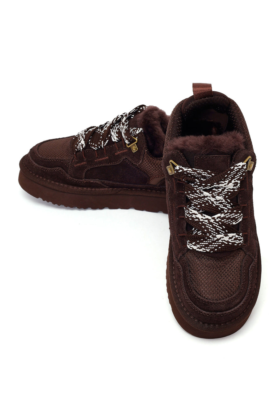 Woman Brown Lace-Up Thick-Soled Furry Suede Teddy Sneaker