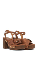 Woman Brown Ankle-Buckle Platform Chunky High-Heel Suede Sandals | Derimod