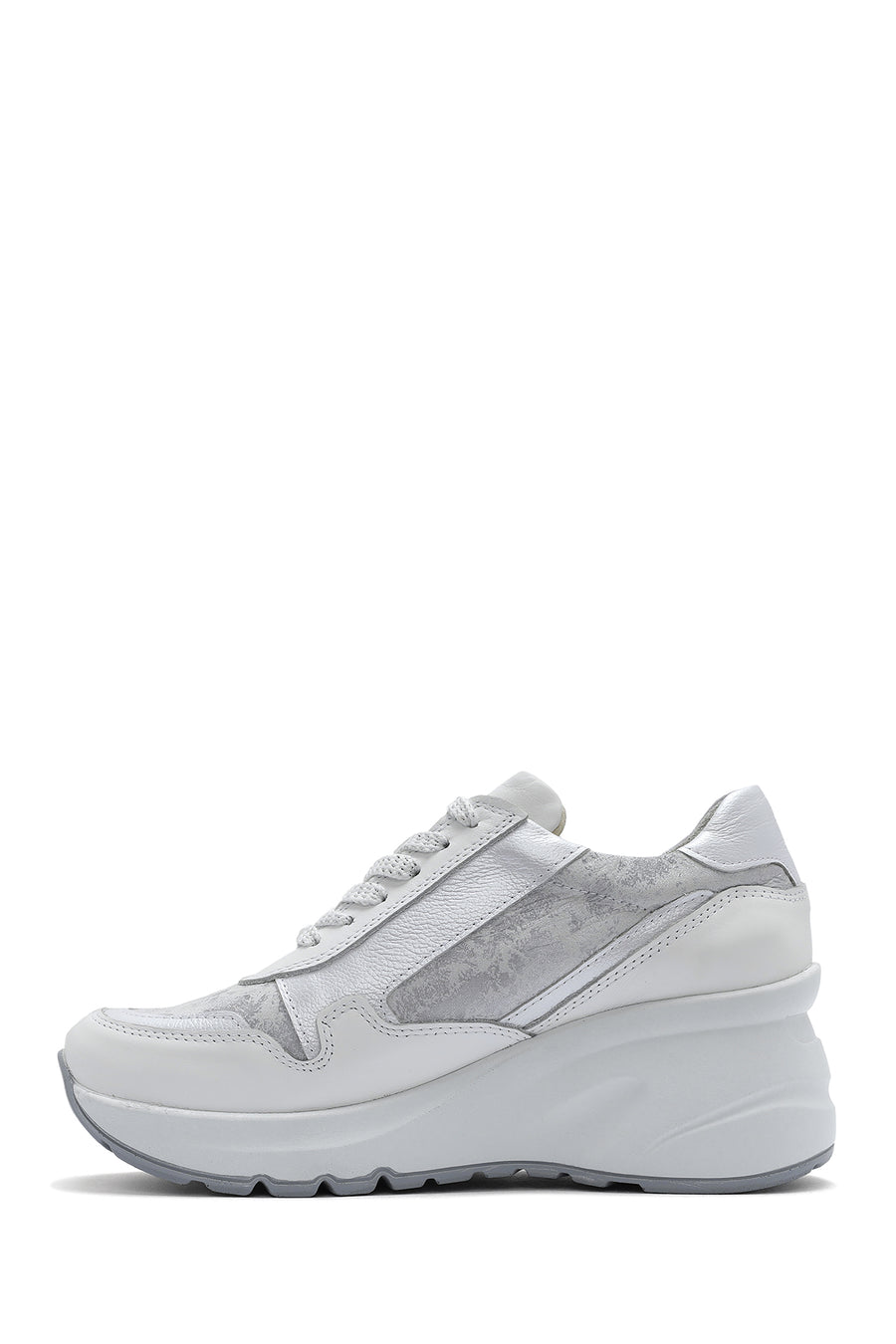 Women's White Wedge Heeled Lace-up Leather Sneaker