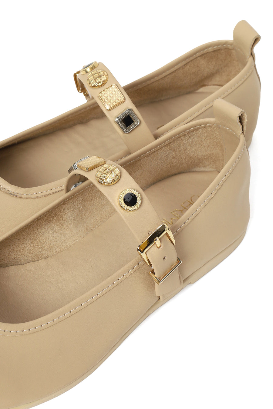 Women's Cream Buckled Leather Ballerinas
