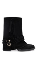 Woman Black Chunky Heel Suede Leather Boat | Derimod