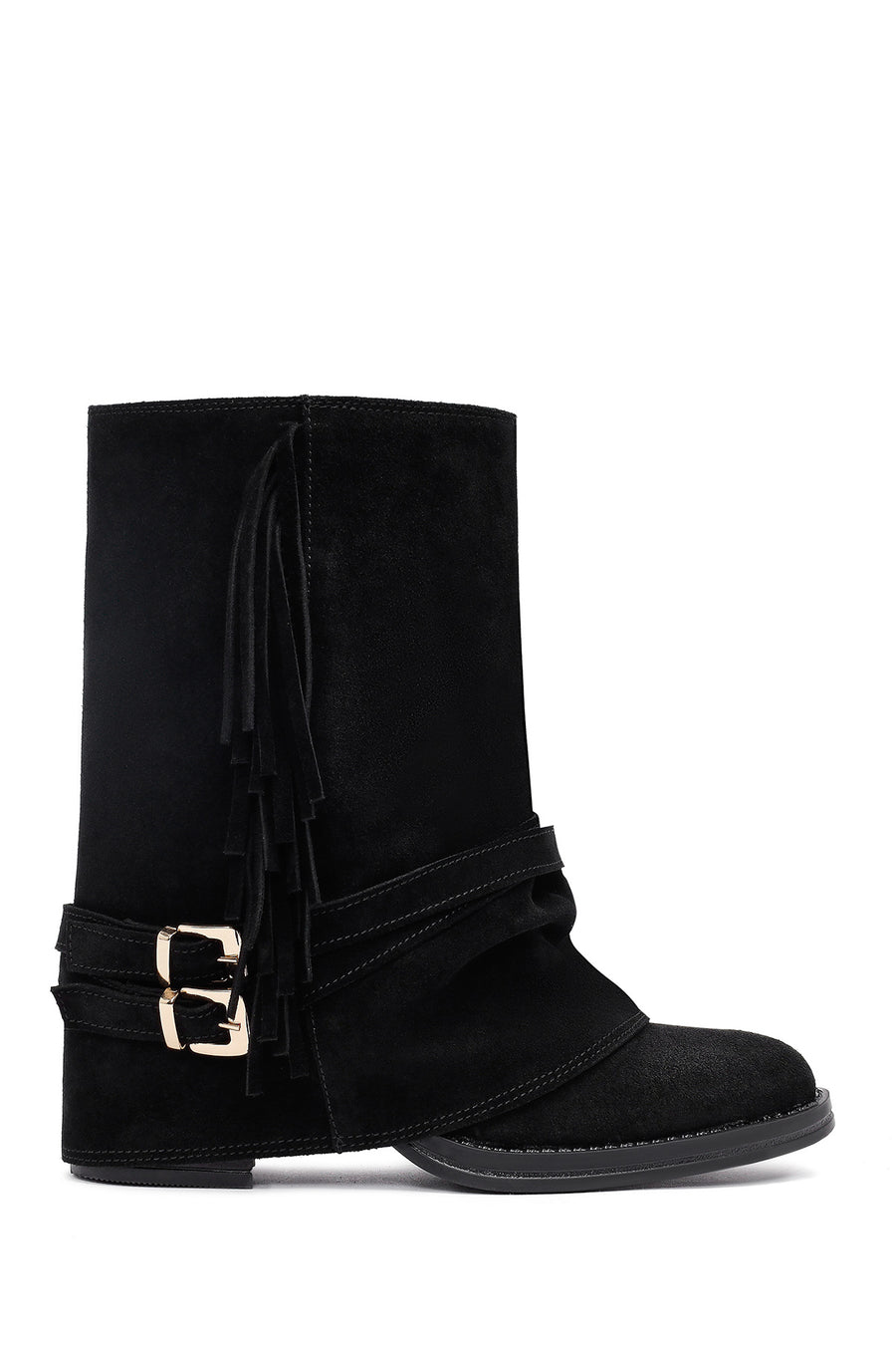 Woman Black Chunky Heel Suede Leather Boat 25AFD221310 | Derimod