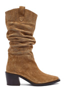 Woman Mink Chunky Heel Suede Leather Cowboy Boots | Derimod