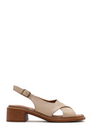 Women's Beige Ankle Buckle Low Heel Leather Sandals | Derimod