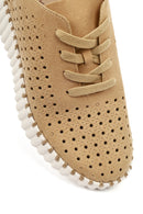Woman Camel Lace-Up Thick-Soled Patterned Suede Comfort Shoes | Derimod
