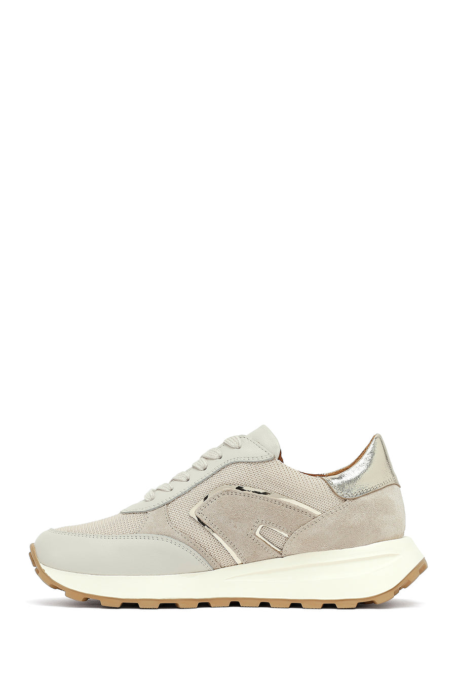 Woman Beige Lace-Up Thick Sole Leather Sneakers