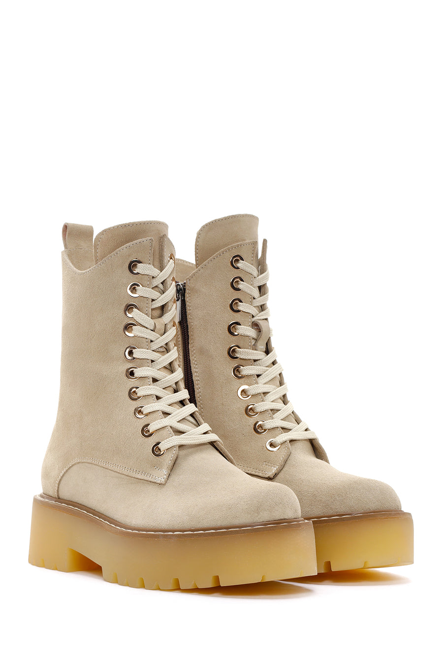 Women's Beige Thick Soled Zippered Suede Leather Boots