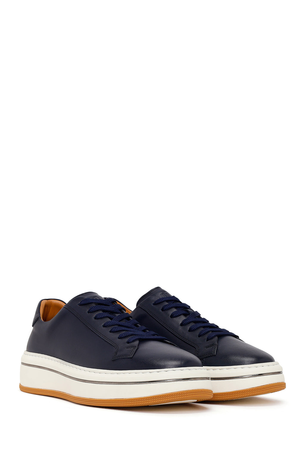 Erkek Lacivert Bağcıklı Kalın Tabanlı Deri Sneaker