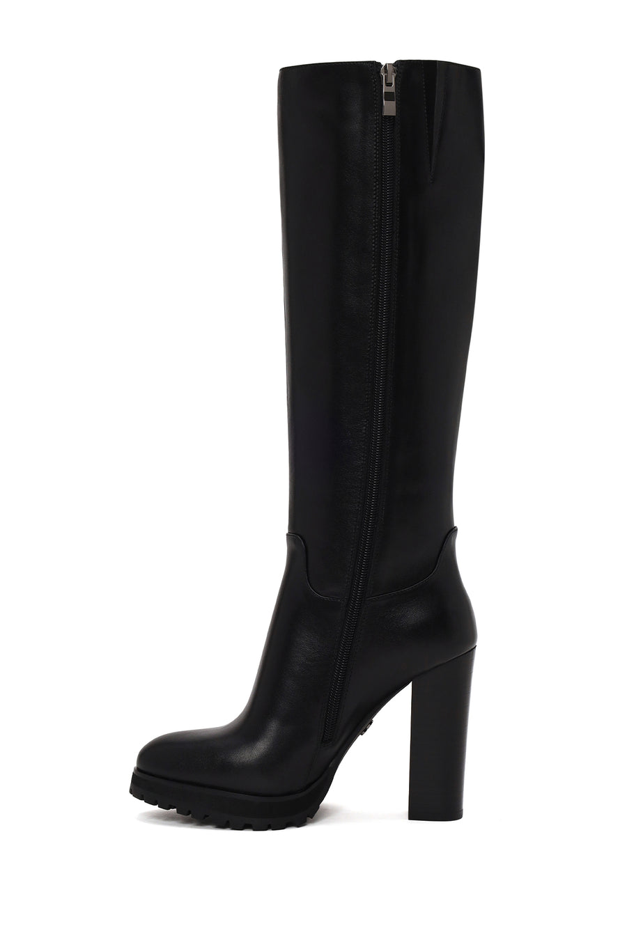 Woman Black Zip Closure High Thick-Heeled Leather Boots