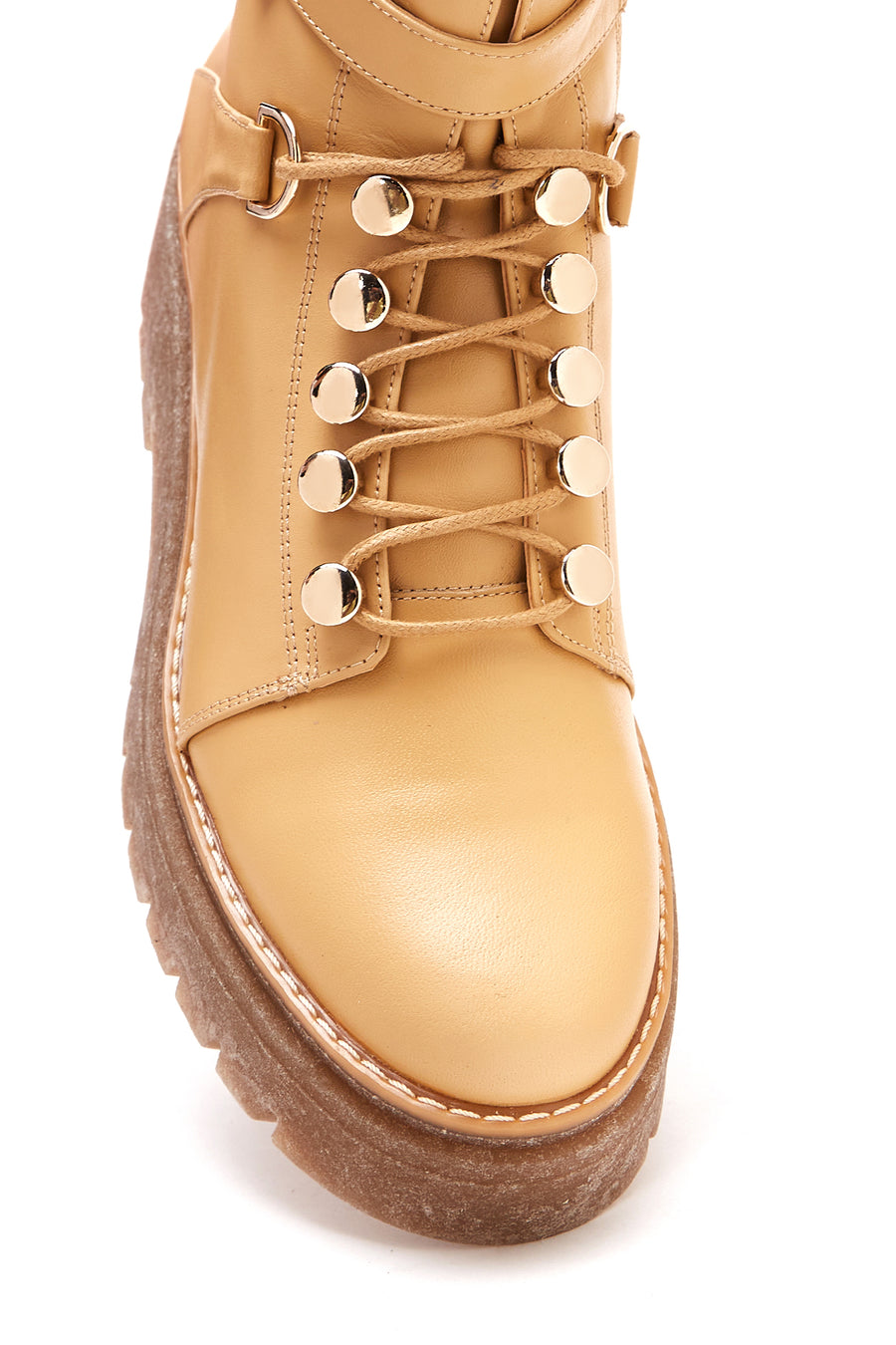 Women's Beige Leather Buckle Thick Soled Boots