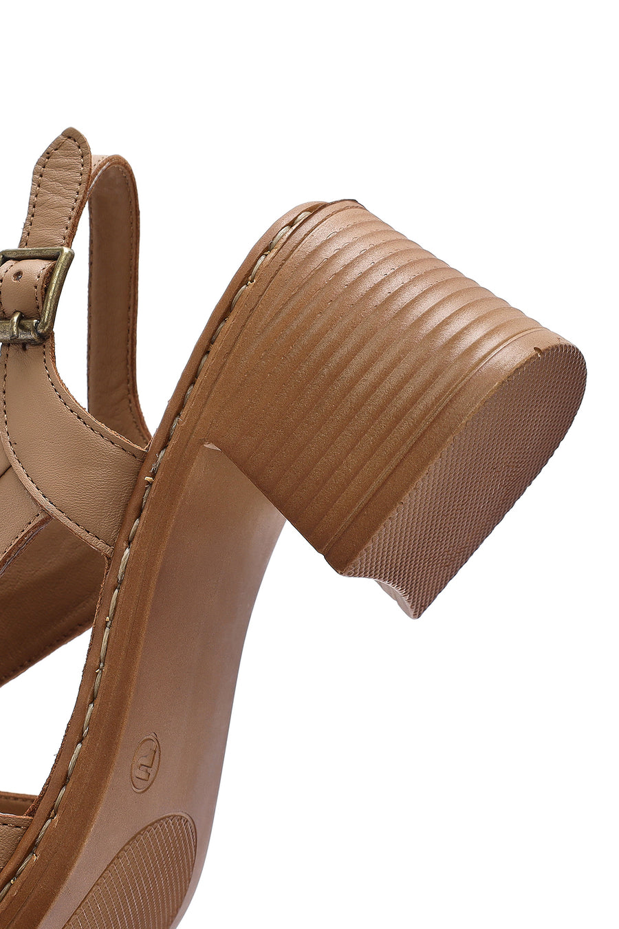 Women's Camel Ankle Strap Thick Heel Leather Sandals