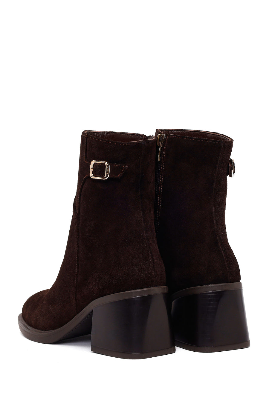 Woman Brown Zip Closure Chunky Heeled Suede Boots