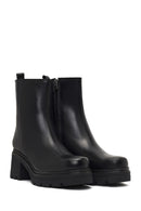 Women's Black Zippered Thick Heeled Leather Boot | Derimod