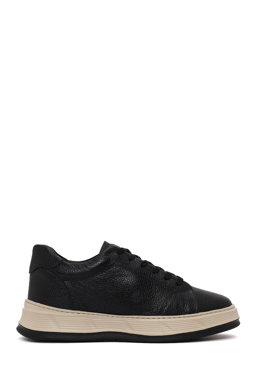 Erkek Siyah Bağcıklı Kalın Tabanlı Deri Sneaker