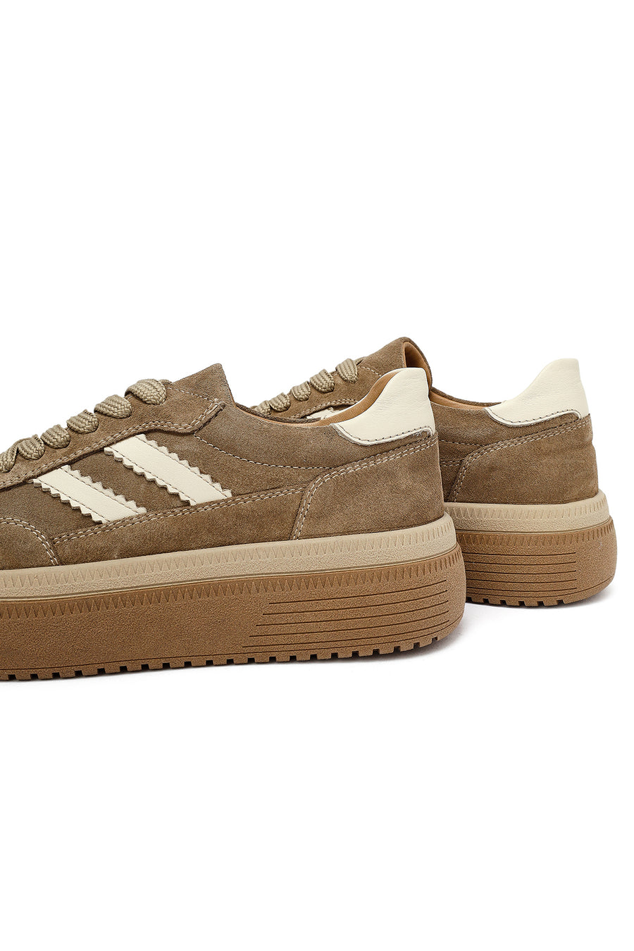 Woman Beige Lace-Up Thick-Soled Suede Leather Sneakers